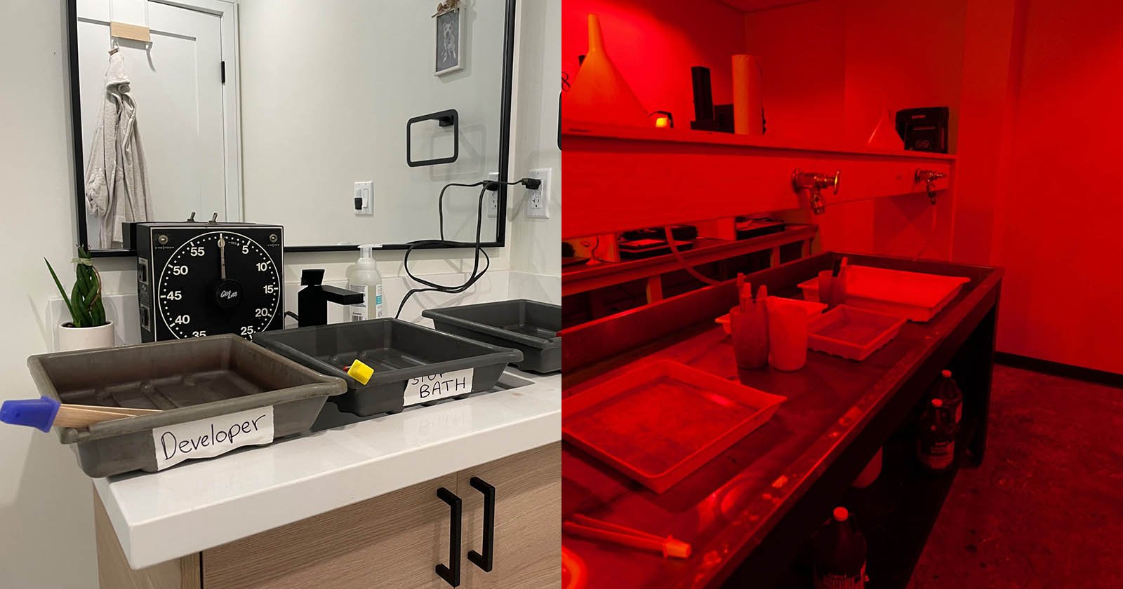 Split image of two darkroom setups. left: a modern, tidy darkroom with labeled tubs for developing film. right: a dimly lit, red-illuminated traditional darkroom with trays and chemical bottles.